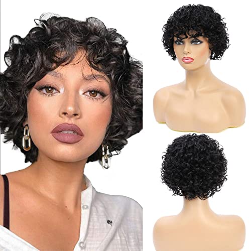 ALIPOP Pixie Cut Short Curly Human Hair Wigs For Black Women Bob Wigs Deep Water Wave None Lace Front Wigs Human Hair Curly Wigs With Bangs 8 Inch