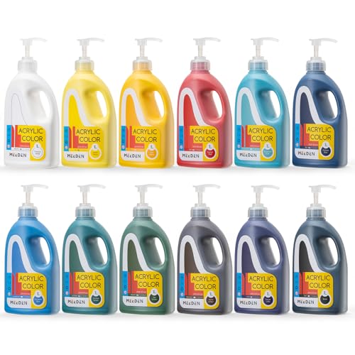 MEEDEN Bulk Acrylic Paint Set: 12 Colors 1 L /33.8 oz Large Acrylic Paint with Pump Lid - Soft Body Art Paints for Canvas, Studio, School, Wall & Poured Paintings