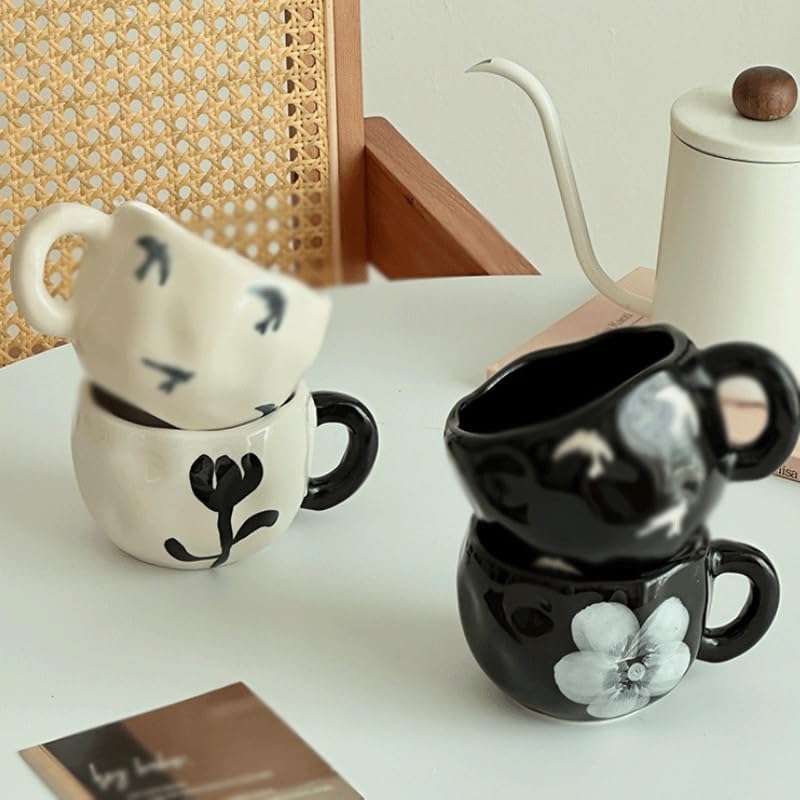 Irregular Coffee Cup Saucer Creamware Ceramic Set with Rounded Handles Mugs