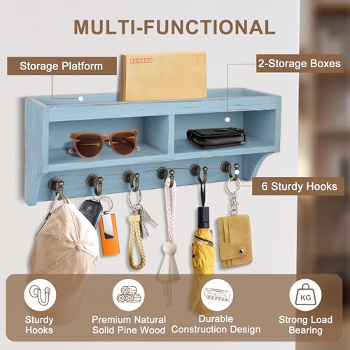 Image of Key Holder Wall Mount - Mail Organizer Wall Mount with 6 Key Hooks and Storage Box for Sunglasses Storage and Dog Leash Holder Home Decor Rack Apartment Farmhouse Shelf Entryway Organizer (Blue)