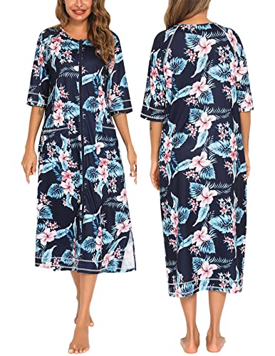 Image of Veseacky Women Robe Zipper Front House Coat 3 /4 Sleeve Nightgown Full Length Ladies Lounge Dress with Pockets S-XXL