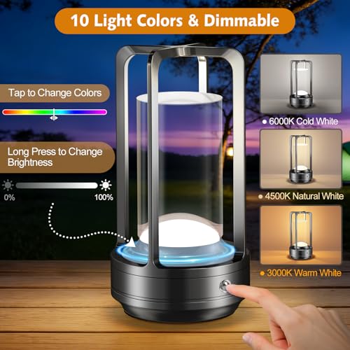 Image of Portable Table Lamp for Outdoor Indoor: Cordless Rechargeable Desk Lamp with 10 Colors - Shower Lamp with Stepless Dimmable - Metal Battery Operated Lantern Light for Bedroom /Bar /Coffee Shop /Camping