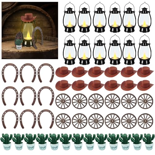 61pcs Cowboy Theme Party Decoration Western Party Decor Rodeo Table Mini Cowboy Hat Lantern Wooden Wagon Wheel Decor for Western Cowboy Party Birthday Wedding Favors