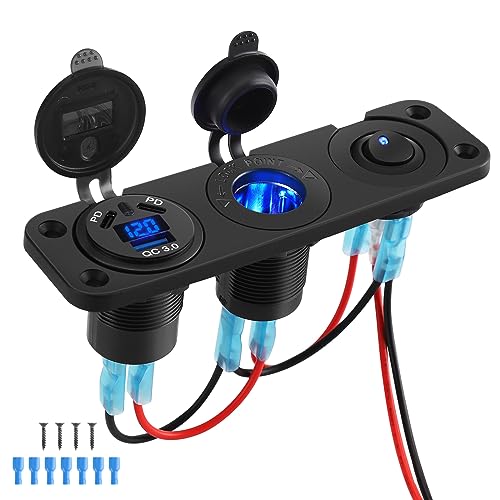 Thlevel Car USB C Charger Panel Dual Port PD Fast Charge Power Outlet Waterproof Cigarette Lighter Socket with LED Digital Voltmeter Toggle Switch ON OFF for 12V 24V Vehicles Boat Caravan
