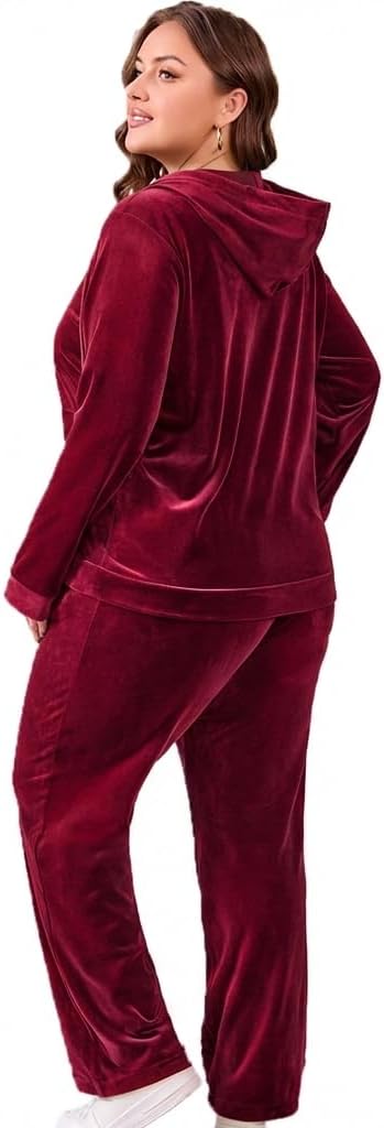 Women Plus Size Velour Tracksuit 2 Piece Set Velvet Sweatsuits Zip Up Hoodie & Straight Leg Pant Set Jogging Suit