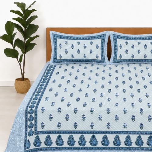 Image of Jaipur Weaves Jaipuri Double Bed Cotton Bedsheet Queen Size 90x85, 120 TC 100% Pure Cotton Bed Sheet with 2 Pillow Covers, Floral Traditional Print (Blue Motifs, Double)