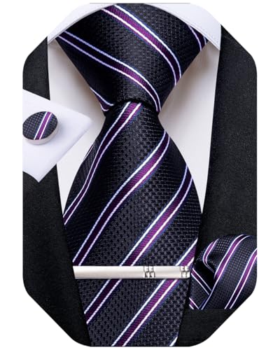 Image of DiBanGu Mens Tie Silk Plaid Striped Necktie and Pocket Square Cufflinks Tie Clip Set with Gift Box Formal Wedding Party