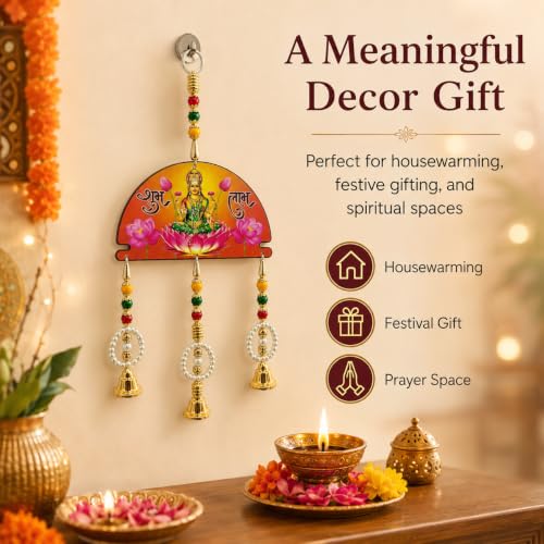 Image of Religious Door Hanging Decor with Pearl Beads & Tassel, Wooden Wall Hanging for Home Temple, Pooja Room, Entrance, Mandir Decoration & Spiritual Gift, Goddess Lakshmi Shubh Labh