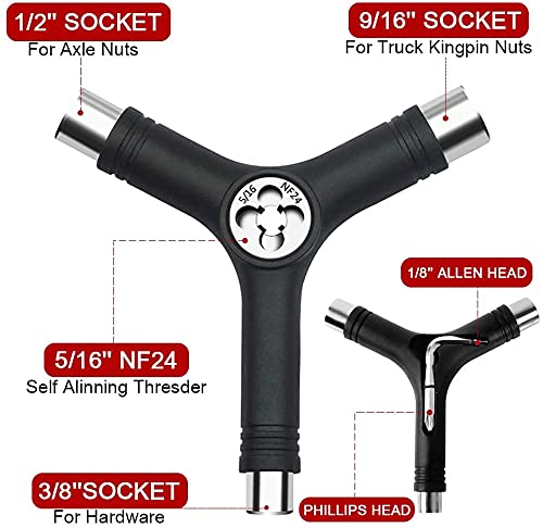 Namvo Y-skateboardtool – Universeel Reparatiegereedschap Voor Skateboards, Longboards, Scooters – Met 3 Sleutelmaten (9/16", 1/2", 3/8") – Zwart, Stevig Materiaal 5 miniatura