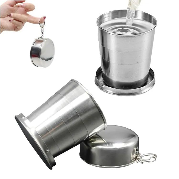 150ml Portable Collapsible Stainless Steel Folding Glass Telescopic Mug Travel Mug Cup Glass Camping Water Glass with Hanging Chain for Camping Outdoor Adventures & Everyday Use (Pack of 1)-image-2