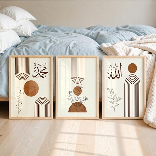 Image of Suneree Islamic Wall Art Set of 3 Framed Paintings for Living Room | Allah Muhammad Arabic Calligraphy Wall Frames | Modern Minimal Geometric Boho Wall Decor for Home (Design 3, 10x13 INCHES)
