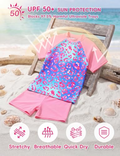 Image of Girls Swimsuit Colorful Short Sleeve Bathing Suits UPF 50+ Rash Guard Set Two Piece Summer Swimwear