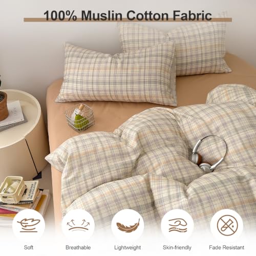 Image of EAVD Grid Plaid Duvet Cover Queen Green Blue Purple Gingham Duvet Cover Set | Soft Muslin Cotton 3-Piece Reversible Gingham Duvet Cover with Zipper Closure Geometric Pattern with 2 Pillowcases All-Season