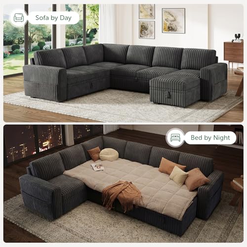 Image of HONBAY Modular Sectional Sleeper Sofa with Pull Out Bed,Corduroy U Shaped Couch with Storage, Sectional Couches for Living Room,Dark Grey