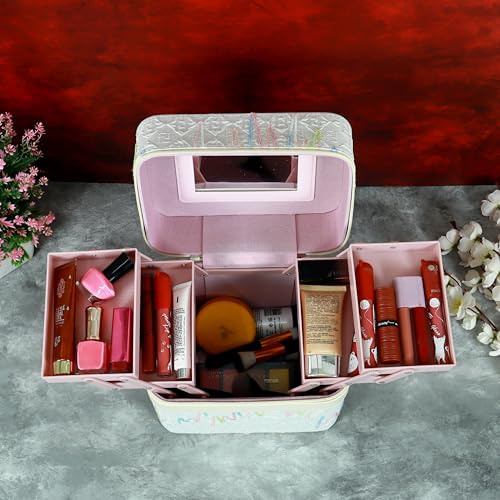 Image of NFI essentials Cosmetic Storage Makeup Bag for Womens Train Case Travel Makeup Pouch Organizer Brush Holder Makeup Artist Vanity Bridal Trousseau Box for Girls (Off-White)