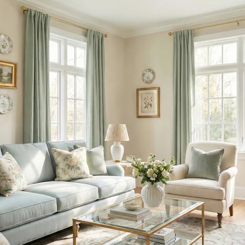 Image of 100% Blackout Shield Linen Blackout Curtains for Bedroom 63 Inches Long, Back Tab /Rod Pocket Living Room Drapes, Thermal Insulated Blackout Curtains 2 Panels Set, 50 inch W x 63 inch L,Sage Green