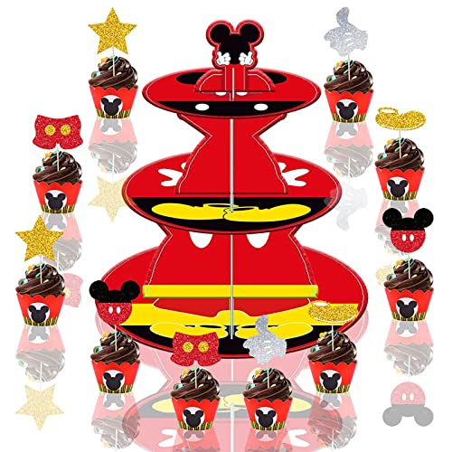 Large 3-Tier Mouse Cupcake Stand 11.8 Inch Cardboard Cupcake Tray With 12 Pieces Cupcake Toppers For Wedding Birthday Baby Shower Mouse Birthday Party Supplies #TOP13