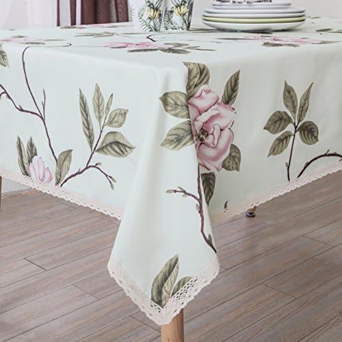 Wewoch Decorative Camellia Floral Print Polyester Rectangle Tablecloth Waterproof Fabric Lace Table Cloth, Table Cover for Dining Room and Party (60x84­-Inch, Pale Green)