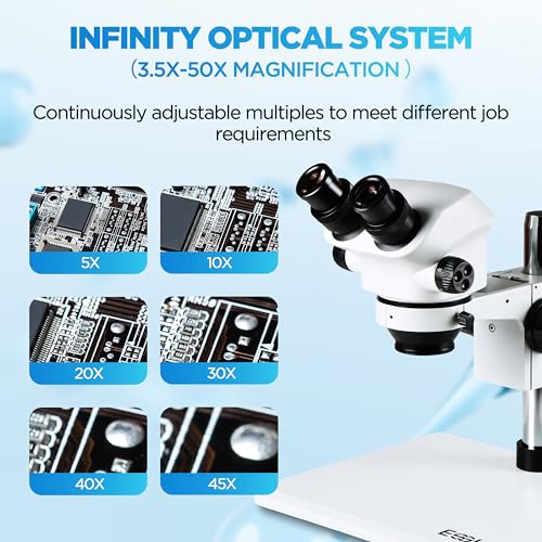 Image of ESSLNB Binocular Stereo Microscope with LED Light, 3.5X-50X Magnification, WF10X Eyepieces, 0.7X-5.0X Zoom Objective, 0.5X Additional Objectives - Ideal for Observation in Education, Professional Use