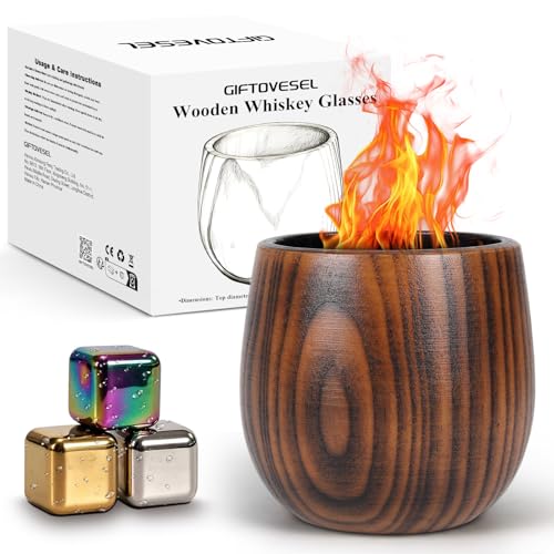 Upgraded Charred Wooden Bourbon Glasses, 10oz Wooden Whiskey Glasses, Unique Inner & Outer Charred Craftsmanship, Equipped with Colorful Stainless Ice Bricks, Premium Gift for Whiskey Lovers