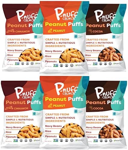 P-nuff Crunch Peanut Puffs Variety Pack – Shark Tank, Healthy Snacks, Keto, Gluten Free, 20g Vegan Protein per Bag, Gut Health, Low FODMAP, Fit Snacks, For Adults and Kids – 4oz Bag, 6-Pack