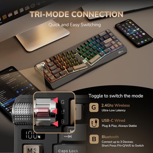 Image of RK ROYAL KLUDGE A70 Wireless Ergonomic Keyboard, Alice Split Mechanical Keyboard w /Bluetooth /2.4GHz /Wired, 65% RGB Gaming Keyboards with Knob and PBT Keycap, Gasket Hot Swappable Linear Cream Switches