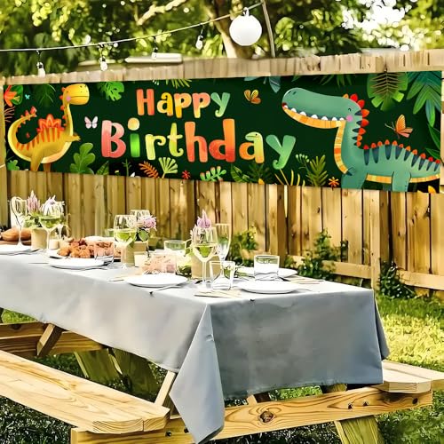 Image of Dinosaur Birthday Outdoor Banner 78.7 x 17.7 Inch Green Jungle Cartoon Dinosaur Pattern Party Decoration for Yard Garden Fence Porch Patio or Outdoor Celebration Display