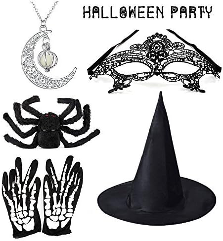 Halloween Prop Kits,Witch Hat/Glowing Necklace/Black Spider/Mask/Skeleton Gloves