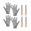 Heiqlay Oester Mes en Handschoen, Oester Shucker Set, Oester Opener Kit, 2 paar snijbestendige handschoenen en 4 stuks RVS Houten Handvat Clam Mes, voor Clam Schelpvissen en Zeevruchten