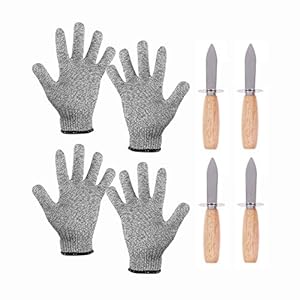Heiqlay Oester Mes en Handschoen, Oester Shucker Set, Oester Opener Kit, 2 paar snijbestendige handschoenen en 4 stuks RVS Houten Handvat Clam Mes, voor Clam Schelpvissen en Zeevruchten