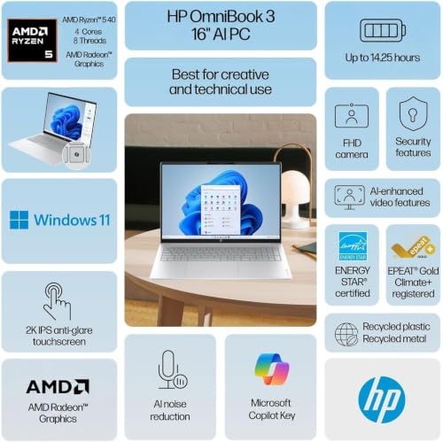HP 16" OmniBook Laptop Computer, 2K Touchscreen Display, Ryzen 5 40 CPU, 16GB DDR5 RAM, 512GB SSD, Wi-Fi 6, Windows 11 with Office 365 for the Web - image 9