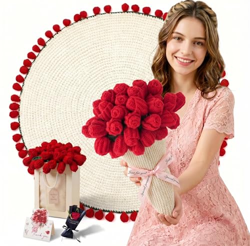 UODOR Flower Bouquet Blanket Crochet Flower Bouquet Blanket Handmade for Mothers Day Valentines Day Birthday Mom Grandma Home Sofa Decor (Finished Product) (Red Small31X31inches)