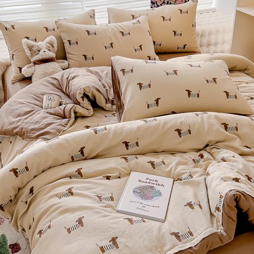Sedefen Bettwäsche 135x200cm Dackel Beige Braun Wendebettwäsche Set 2 Teilig Wursthund Dackel-Motiv Bettwaren-Sets Microfaser ÖKO-TEX Bettbezug mit Reißverschluss und 1 Kissenbezug 80x80cm