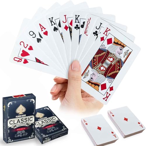 WUGAUWOR Wasserfeste Spielkarten, Rote Plastik Pokerkarten, 2 Decks Kunststoff Poker Karten, Plastikspielkarten, Professionelle Standard Spielkarten für Canasta, Texas, Go Fish, Blackjack Kartenspiele