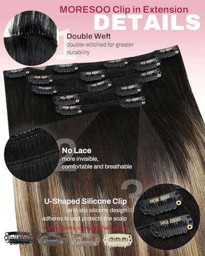 Image of Moresoo Clip in Hair Extensions Black Blonde Balayage Short 10 inch 80g | Real human hair clip ins, honey brunette balayage, 5pcs, remy hair, quick clip-on wear for soft short dimension