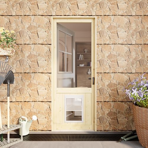 Front Pet Screen Door for Exterior/Interior,32 x 80 Inch Solid Pine Wooden with Built-in Dog Door，Universal Mesh for Home Pantry & Patio，Doors Slab with Hardware Kit (3 Hinges + Push-Button Latch)