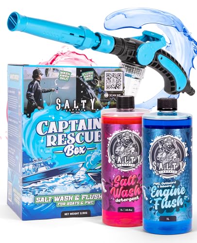 Salty Captain Salt Remover Kit 3pcs Boat Wash Kit with Salt Wash Detergent Outboard Engine Flush & 2-in-1 Garden Hose Musket for Boats PWCs & Jet Skis Removes Salt & Protects Against Corrosion