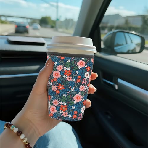 Image of Reusable Insulated Sleeve for Iced Coffee Cup, Coffee Neoprene Sleeve for Cold & Hot Drinks, Beverage Holder for Iced Coffee (Bloom Garden, Small: 16-18oz)