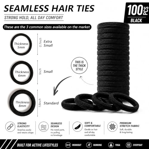 Image of Bessrung 100PCS Black Seamless Elastic Hair Ties No Damage for Women Girls