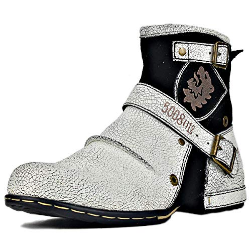 Men's Chukka Cowboy Stylish Motorcycle Hiking Fashion Casual Leather Ankle Side Zipper Boots CD-5008-1-White-R