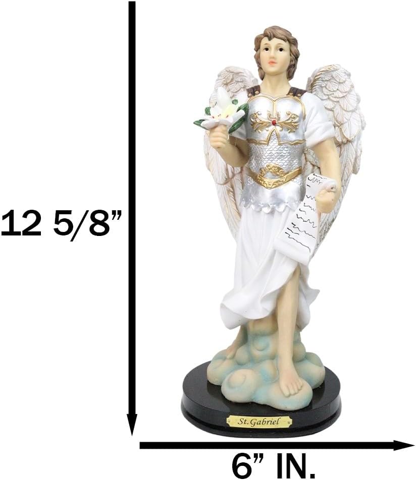 Ebros Gift Christian Catholic Church Archangel Saint Gabriel Holding Scroll and White Lotus Figurine with Base Brass Name Plate 12" Series Angel Messenger of God Patron of Purity Holiness