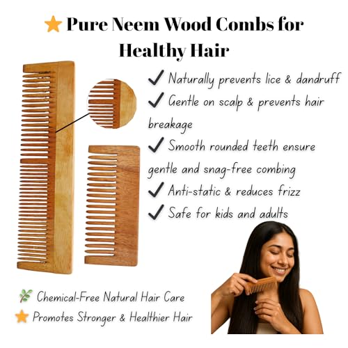 Image of Neem Wood Comb Set for Hair Growth | 100% Natural Anti-Static Neem Wooden Combs for Women, Men & Kids | Wide Tooth & Fine Tooth Kacchi Kanghi for Dandruff Removal, Hair Fall Control, Scalp Massage & Detangling | Large & Pocket Size (Pack of 2)
