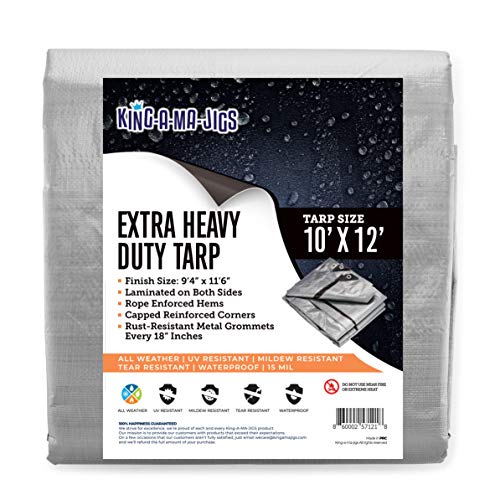 10x12 Super Heavy Duty Tarp, Extra Thick 15 Mil Waterproof Plastic Poly Tarpaulin with Metal Grommets Every 18 Inches - for Roof, Outdoor, Patio. Rain or Sun (Reversible, Silver and Black) (10x12)