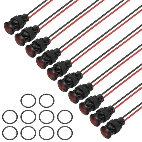 Image of PATIKIL 12mm Red Signal Indicator Lights, 10 Pack AC/DC 12-24V Panel Mount Waterproof Warning Lamps for Industrial Electrical Car Motorcycles Boats Directional Dash Light, Black