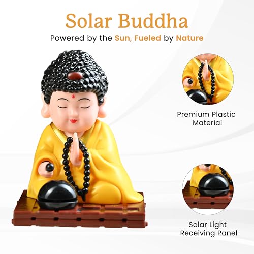 Image of ZAICUS 10 cm Solar-Powered Namaste Buddha Statue | Lucky Charm | Cute Solar Monk Decoration | Creative Gift for Home, Office, or Car | Golden Finish