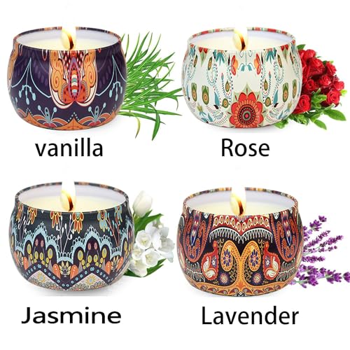 Scented Candles Gift Set for Women, 4 Pack Natural Soy Wax Aromatherapy Vanilla,Lavender,Rose,Jasmine 4.4 Oz Travel Tin Fragrance Relaxing Stress Relief Aroma Home Yoga - Image 3