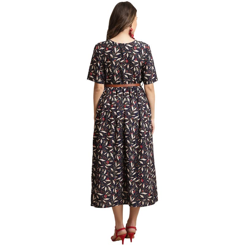 Preneum Women's Georgette Floral Printed 3/4 Slevees A-Line Fit & Flare Gown With Beltindo-Western Ethnic Gown || A-Line Maxi Dress Casual Wear || Fit & Flare Flared Hem Design, Jet Black, L
