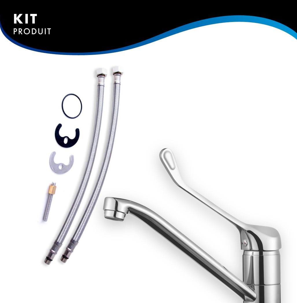 Robinet Gérontologique de Cuisine – Mitigeur Monocommande pour Évier avec Poignée Médicale Hygiénique à Levier Coude, Design Ergonomique, Finition Chromée Argent
