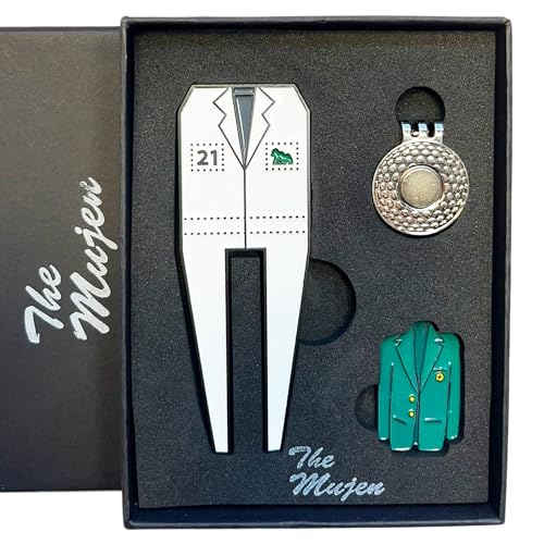 The Mujen Golf Ball Marker, Golf Alignment Ball Marker for Putting, Golf Divot Tool, Golf Training Aid Golf Accessories with Hat Clip, Cleaner, Club Holder, Golf Gift (White)