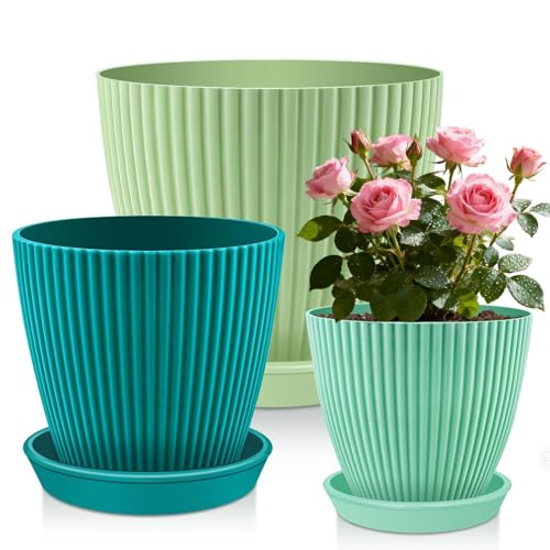 SupKing Large Plant Pots 7.5/6.7/6 Inch Set of 3, Plastic Flower Pots Planters with Drip Trays and Multi Mesh Drainage Holes Multicolor Nursery Planting Pot for Indoor Outdoor Garden Plants